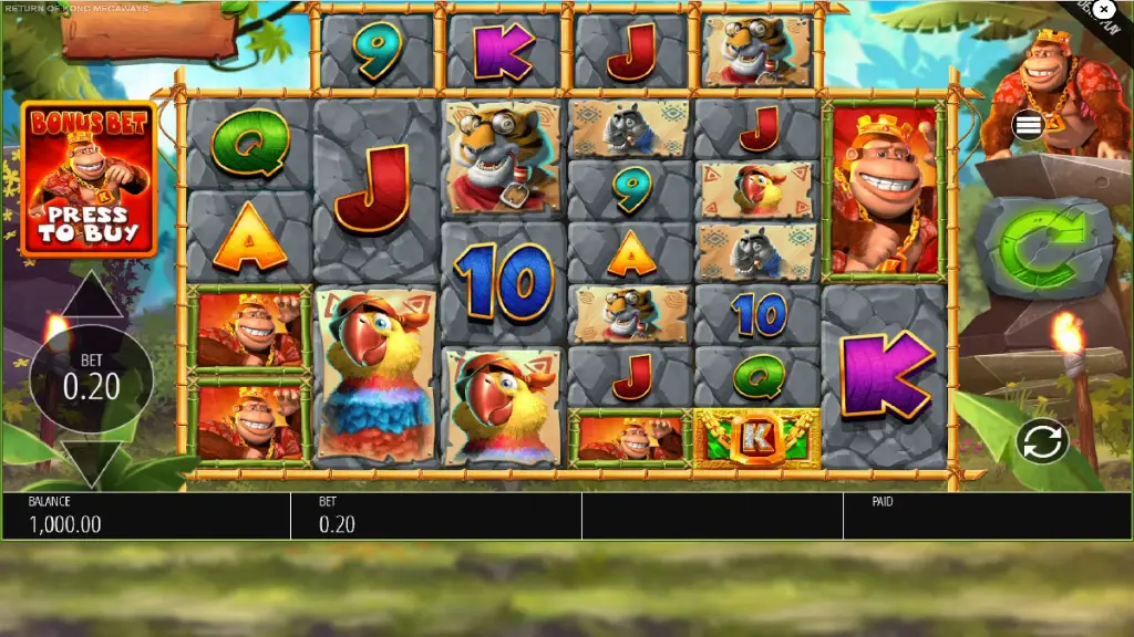 Return of Kong Megaways base game reels featuring parrots, gorillas, and jungle-themed card symbols.