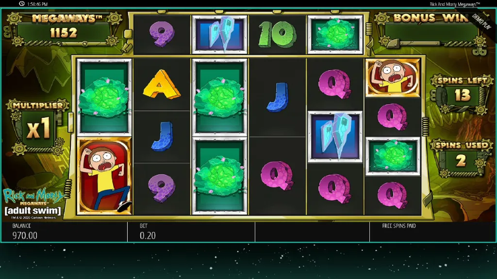 Rick and Morty Megaways slot free spins gameplay with multiplier active