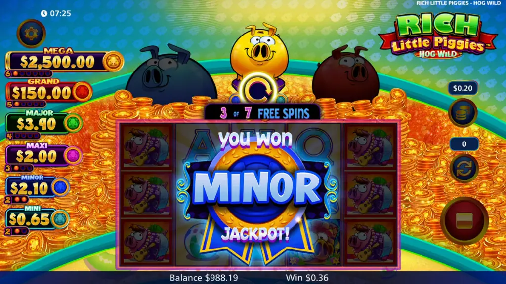 Screenshot of a big win result on the Rich Little Piggies: Hog Wild slot.