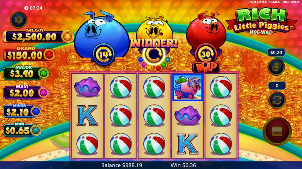 Screenshot of the Rich Little Piggies: Hog Wild slot showing the bonus feature being triggered.