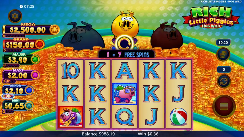 Screenshot of the Rich Little Piggies: Hog Wild slot during free spins bonus play.