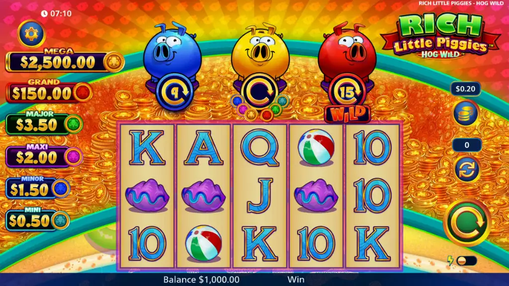 Screenshot of regular base gameplay on the Rich Little Piggies: Hog Wild slot.