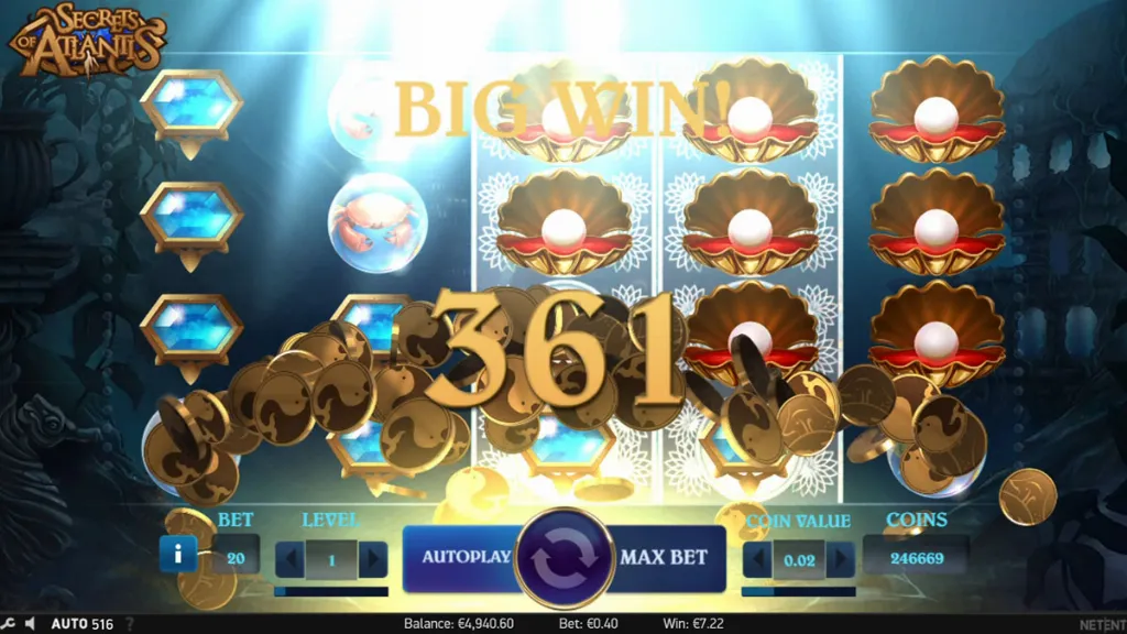 A big win screen in Secrets of Atlantis with cascading coins and highlighted pearl symbols filling the reels.