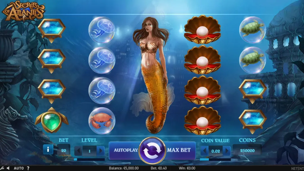 Underwater reels of Secrets of Atlantis showing a mermaid alongside pearls, turtles, jellyfish, and glowing gemstones.