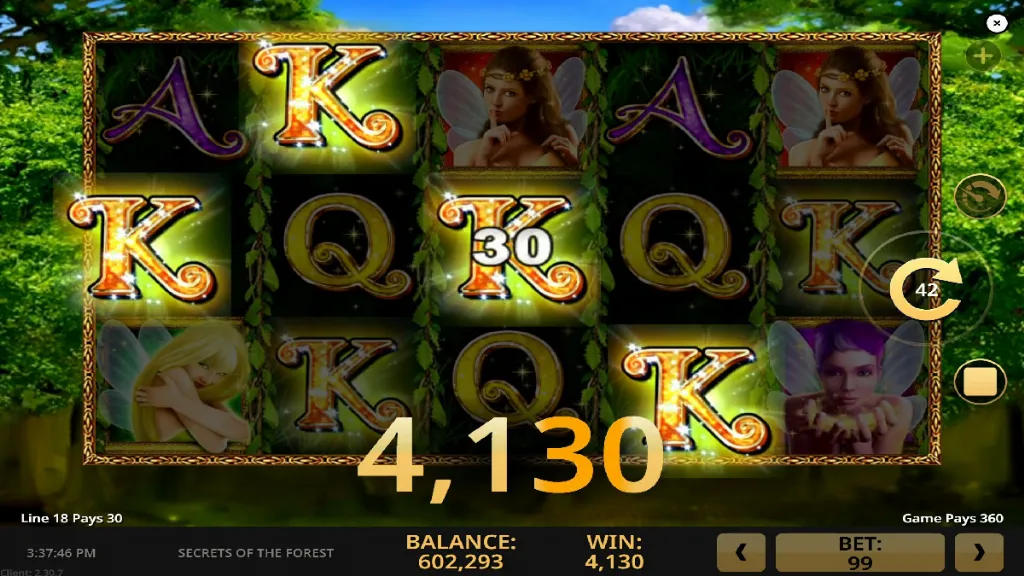 Secrets of the Forest slot big win screen highlighting a 4,130-credit payout.