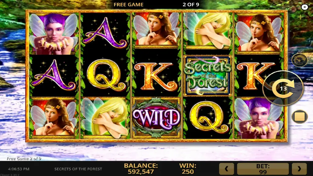 Secrets of the Forest slot free spins round showing fairy and wild symbols on the reels.