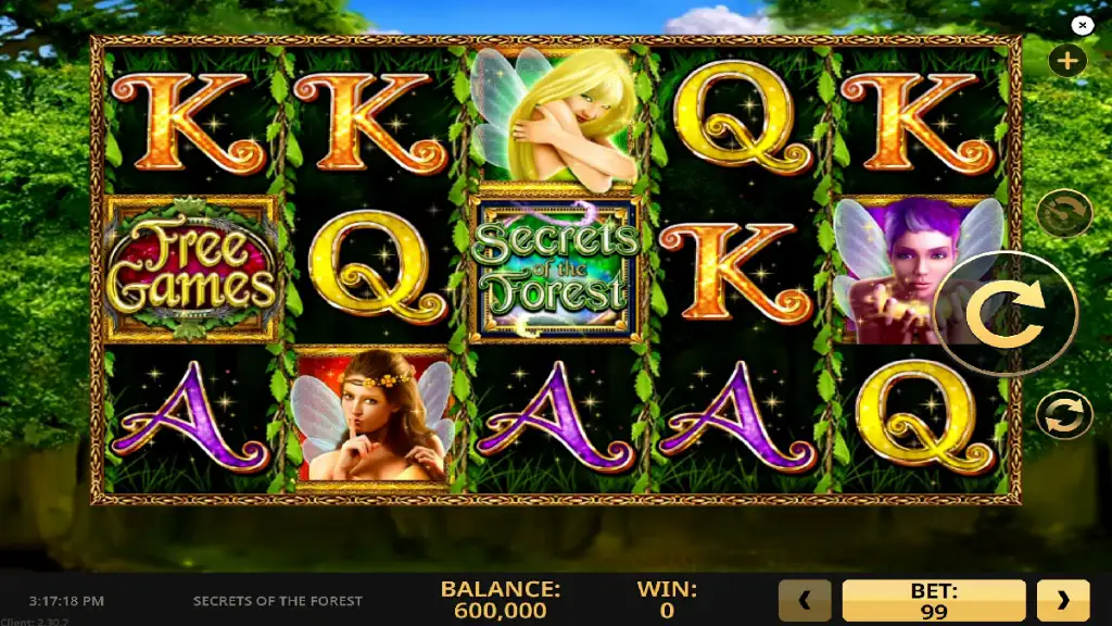 Secrets of the Forest slot base gameplay with fairies and card symbols on the reels.