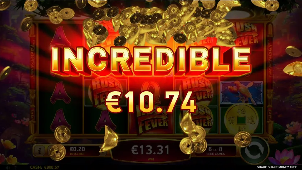 Big win screen in Shake Shake Money Tree showing an "Incredible" €10.74 payout with golden coins raining down.