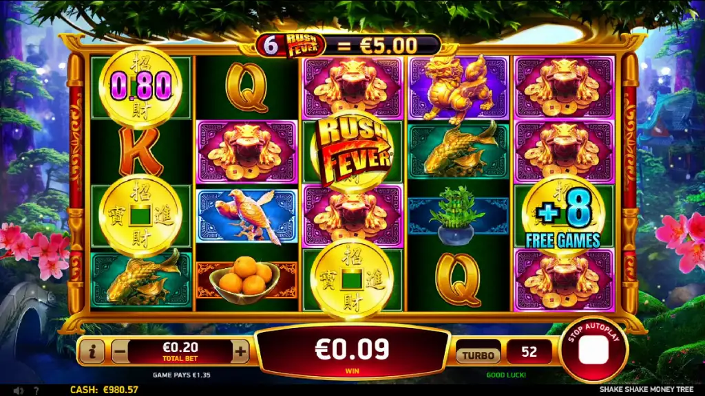Shake Shake Money Tree bonus trigger with the Rush Fever symbol activating extra free games.