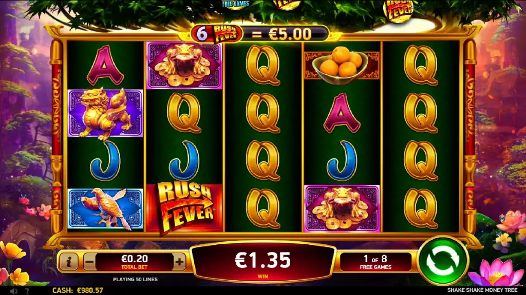 Free spins round in Shake Shake Money Tree with stacked symbols and active Rush Fever feature.
