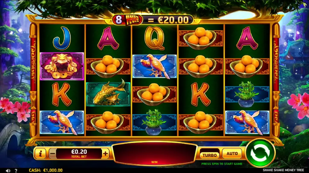 Base gameplay in Shake Shake Money Tree slot featuring oranges, birds, and golden koi symbols on the reels.