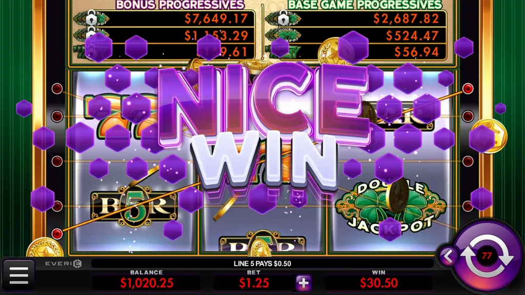 Shamrock slot big win screen displaying a NICE WIN animation with payout details