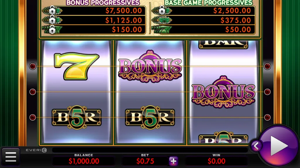Base game screen of the Shamrock slot machine with classic BAR, 7, and bonus symbols