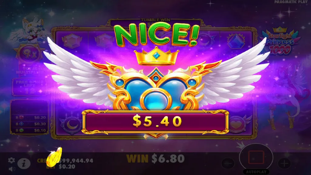Starlight Princess 1000 slot big win celebration with glowing wings and payout display.