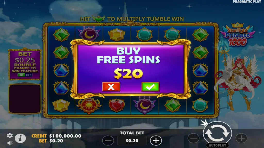 Starlight Princess 1000 slot buy free spins option highlighted with a $20 purchase prompt.