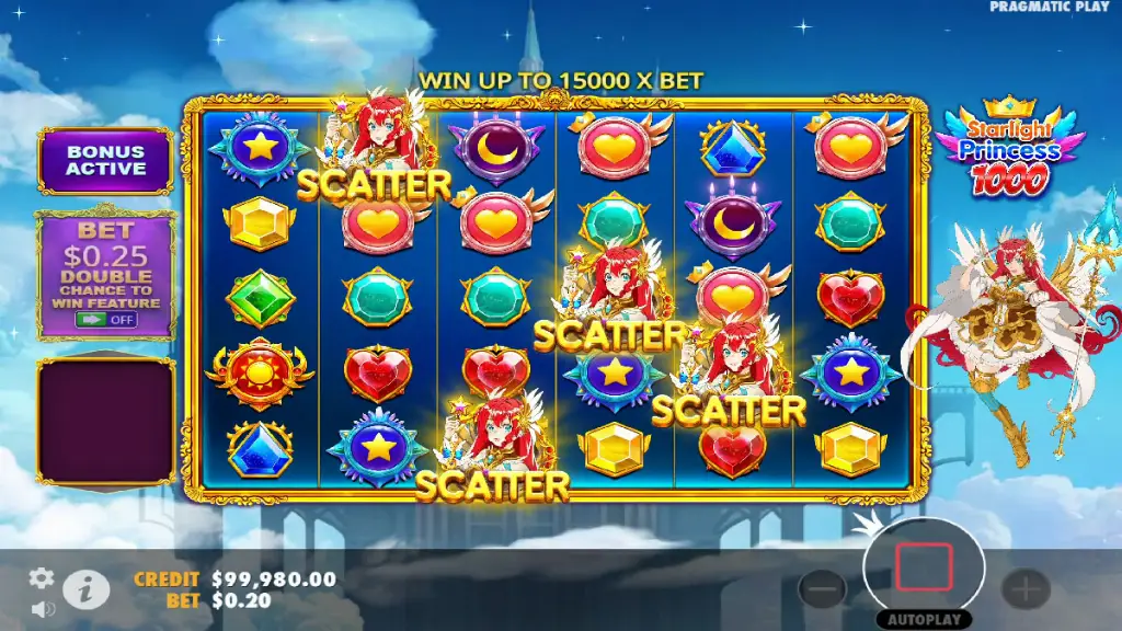 Starlight Princess 1000 bonus feature trigger with multiple scatter symbols activating free spins.