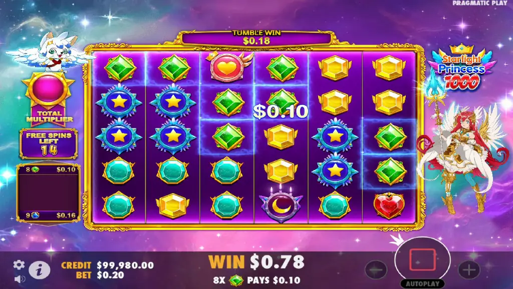 Starlight Princess 1000 slot free spins round with jewel symbols and active multiplier counter.