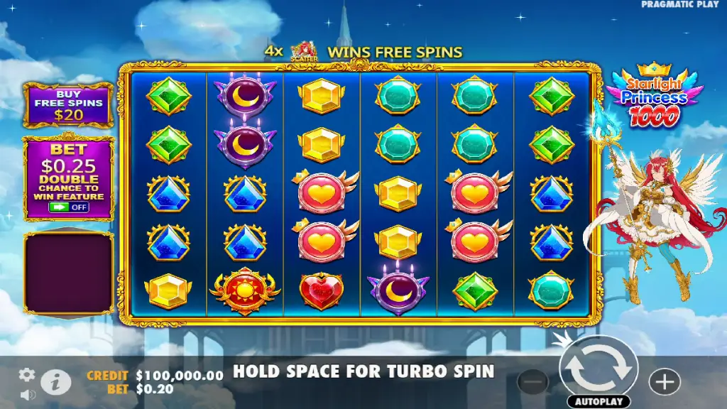 Starlight Princess 1000 base game reels with colorful gems, moons, and heart symbols.