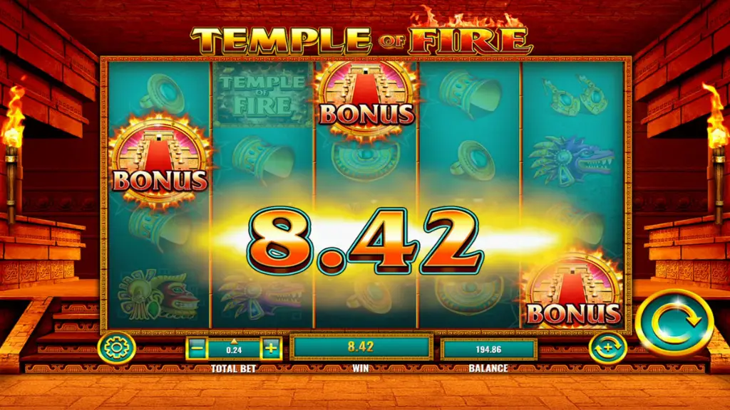 A big win screen in Temple of Fire displaying the win amount with fiery effects over Aztec-style reels.