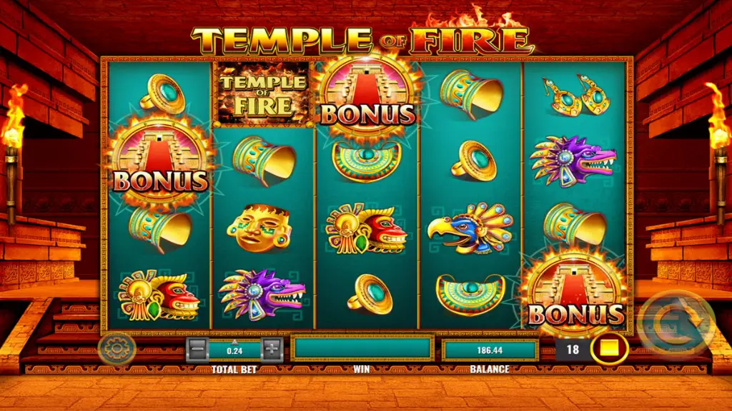 The game Temple of Fire shows glowing bonus symbols and vibrant Aztec-themed icons on golden reels.