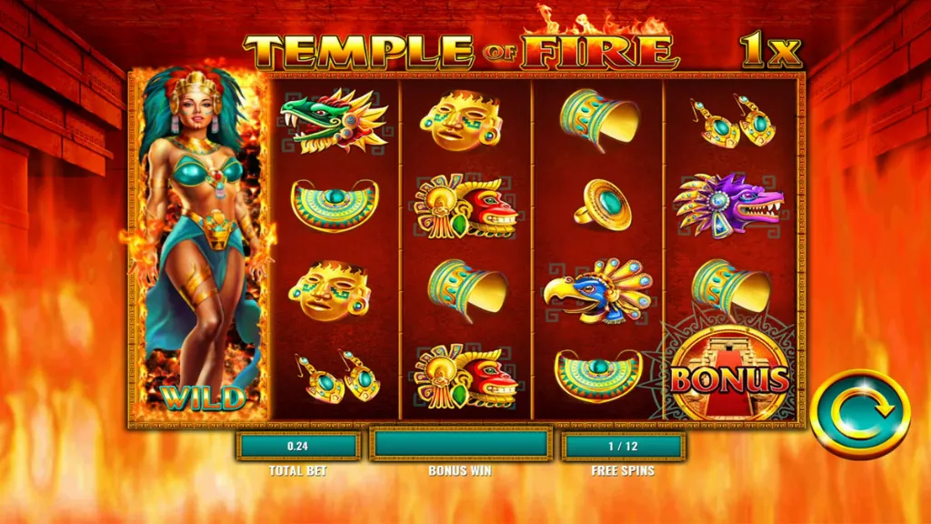 Bonus round in Temple of Fire featuring a fiery wild goddess alongside colorful masks, jewelry, and animal symbols.