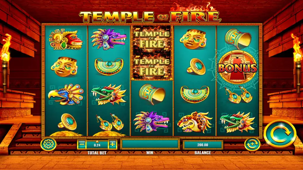 Standard gameplay screen of Temple of Fire with ornate golden masks, jeweled artifacts, and a temple bonus icon on the reels.