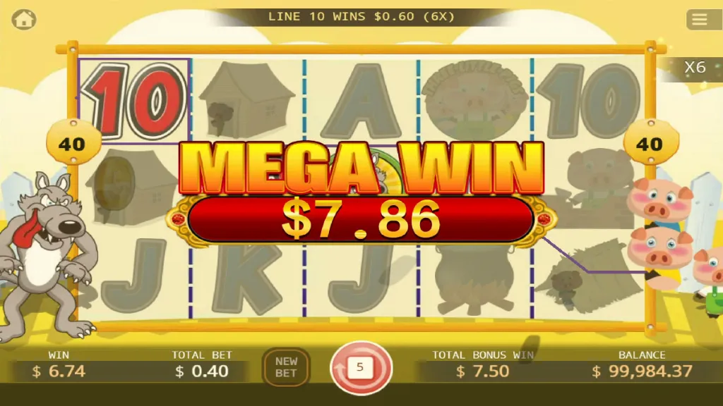 Mega win screen in Three Little Pigs slot showing a payout of $7.86.