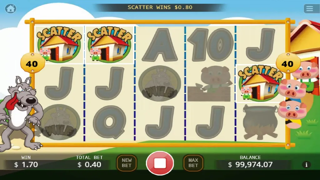 Three Little Pigs slot showing scatter symbols landing to trigger the bonus round.