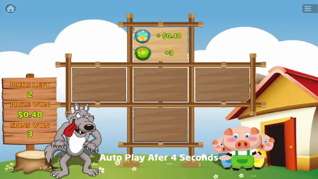 Bonus feature in Three Little Pigs slot with prize multipliers and free spins revealed.