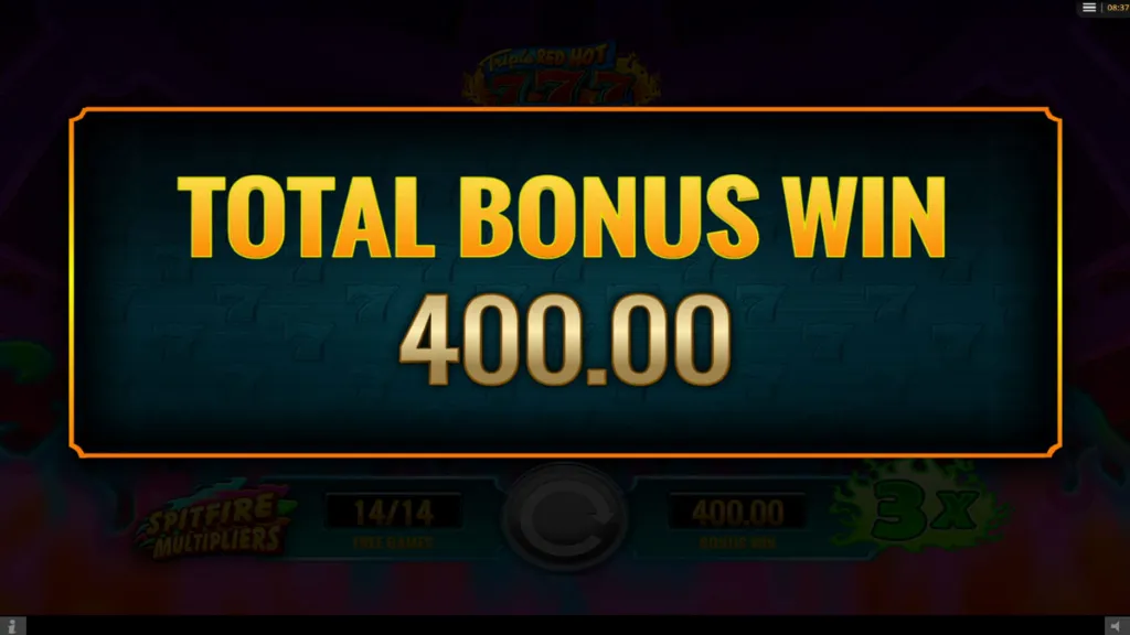 A large win screen in Triple Red Hot 777 showing “TOTAL BONUS WIN 400.00” in bold golden text on a dark background.