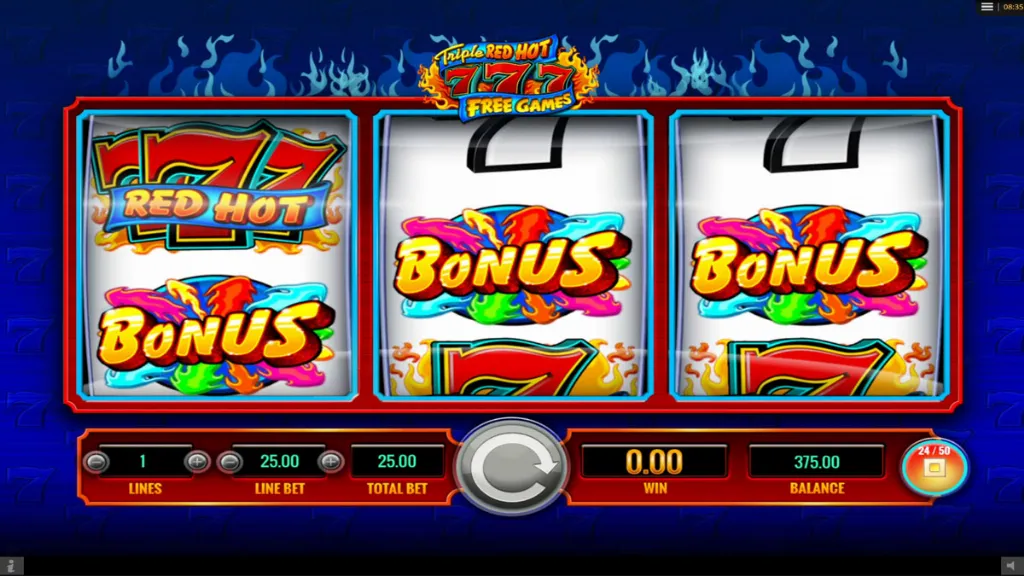 The slot reels of Triple Red Hot 777 displaying vibrant bonus symbols and red hot sevens lined up to trigger a bonus.