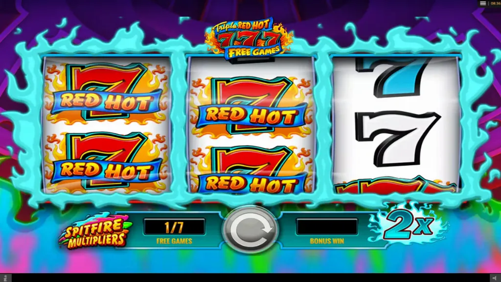 Bonus round gameplay in Triple Red Hot 777 with fiery red hot seven symbols surrounded by blue flames and a multiplier meter.