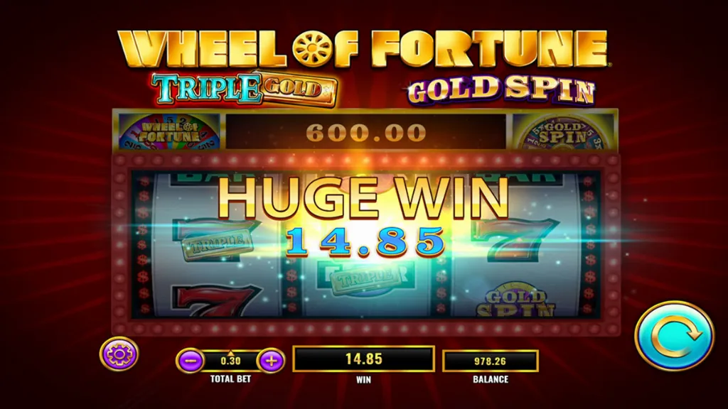 Wheel of Fortune Triple Gold Gold Spin slot big win screen highlighting a large coin payout.