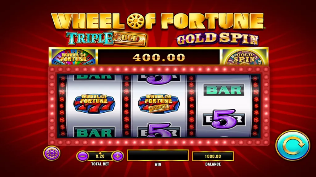 Wheel of Fortune Triple Gold Gold Spin slot base game with classic BARs, 7s, and Triple Gold symbols.