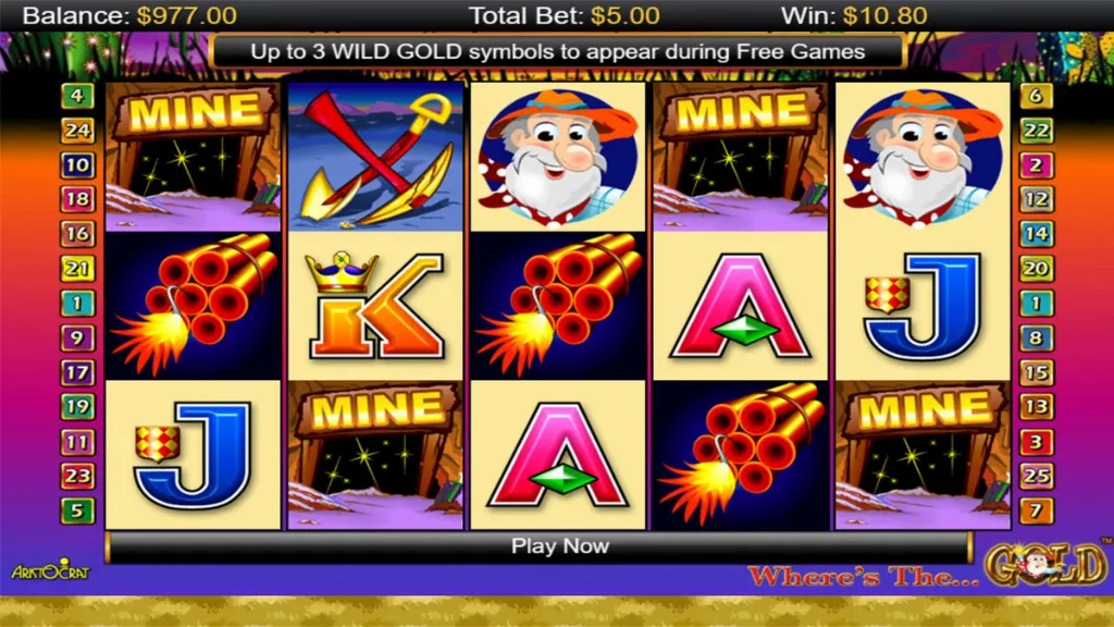 Where’s the Gold slot shows three bonus symbols landing to trigger the free games feature.