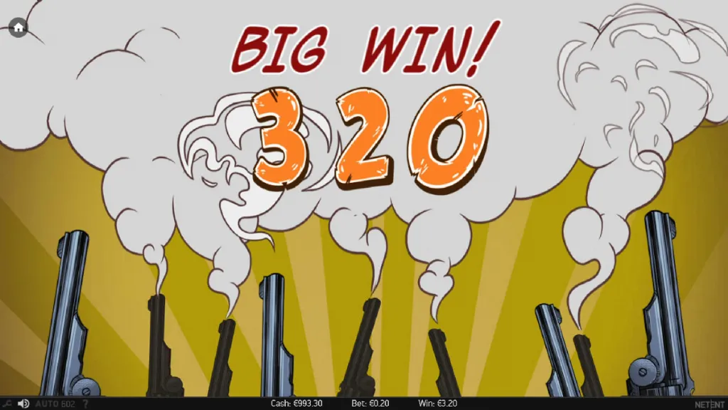 Big win animation on Wild Wild West: The Great Train Heist slot displaying 320 coins with smoking revolvers and celebratory effects.