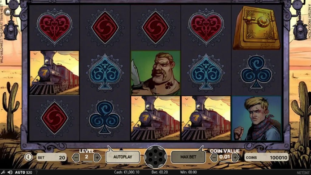 Slot screen from Wild Wild West: The Great Train Heist showing bonus feature trigger with train symbols and cartoon bandits.