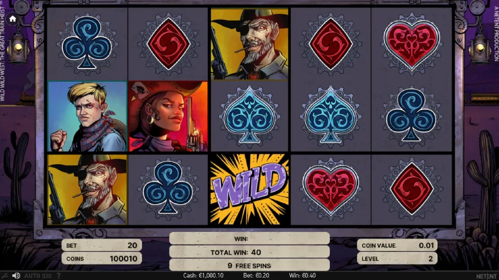 Wild Wild West: The Great Train Heist slot during bonus round featuring wild symbols, bandit characters, and free spins active.