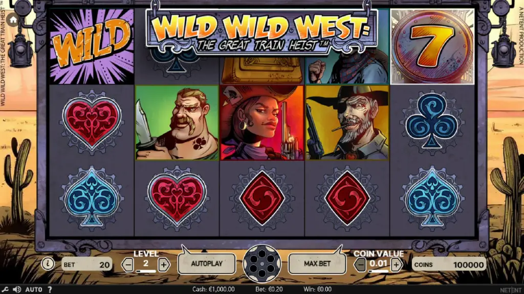 egular gameplay on Wild Wild West: The Great Train Heist slot with colorful bandit characters, trains, and classic card suit icons.