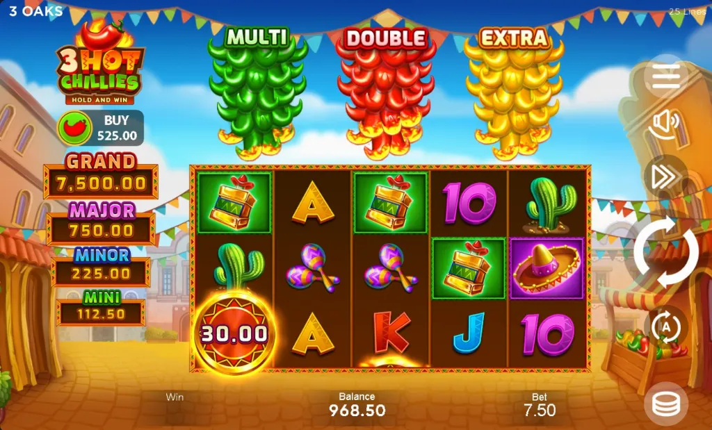 Reels and bonus features displayed in the 3 Hot Chilies Hold and Win slot game with chili multipliers and jackpot ladder.