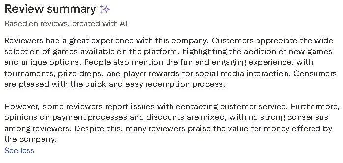 Review summary of Spree Casino highlighting positive feedback on game variety and bonuses along with mixed opinions about withdrawals and customer support.