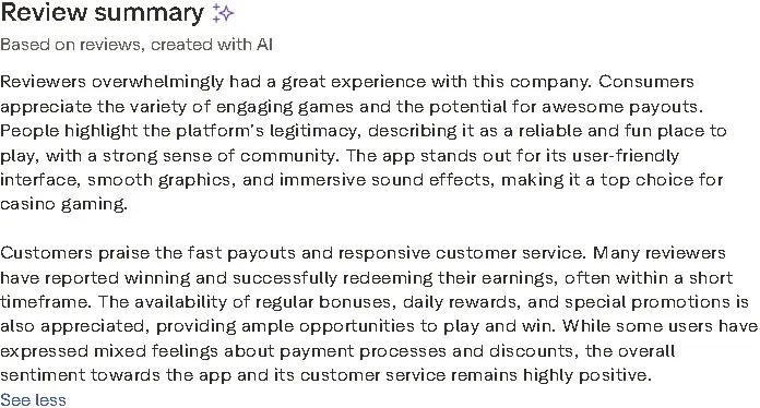 Screenshot of an AI-generated Trustpilot review summary for Lavish Luck emphasizing user satisfaction, fast payouts, and immersive casino gameplay.