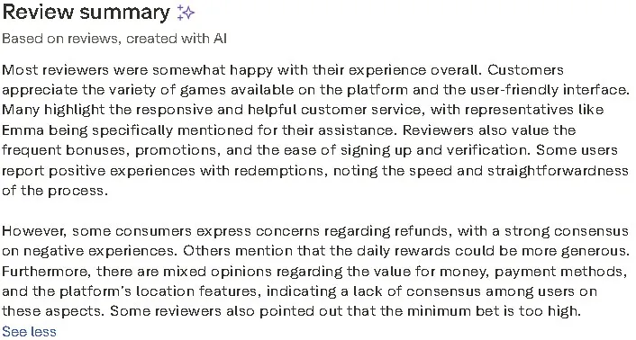 Screenshot of an AI-generated Trustpilot review summary for Lucky Stake highlighting customer satisfaction, bonuses, and mixed opinions on rewards and refunds.