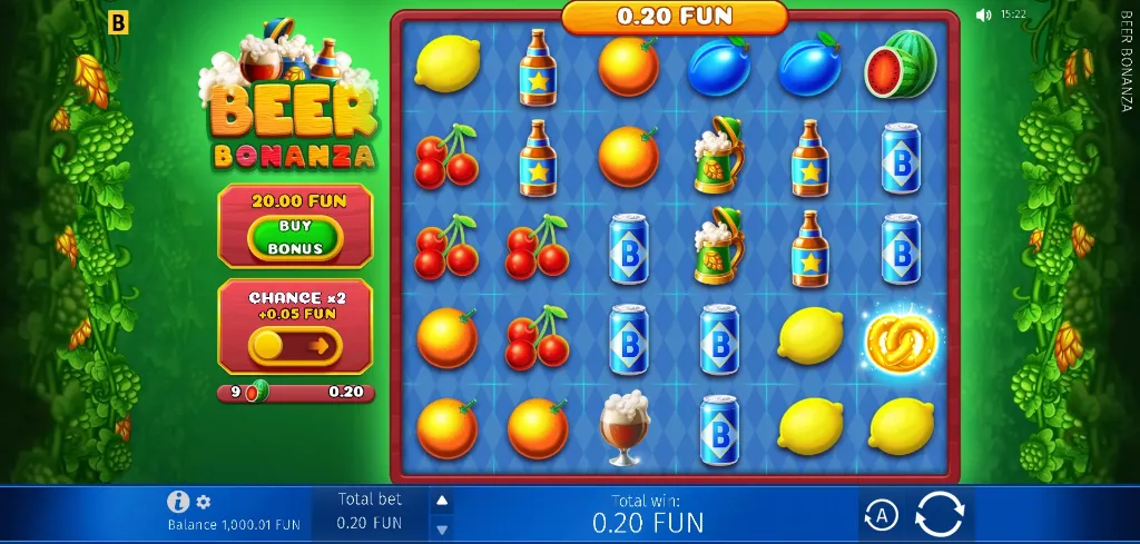 Beer Bonanza slot showcases fruity reels, beer mugs, and bonus buy options in a colorful casual arcade slot layout.