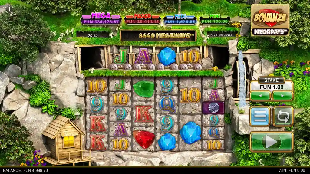 Bonanza Megapays slot features a mining theme with cascading reels set in a rocky canyon filled with colorful gemstones.