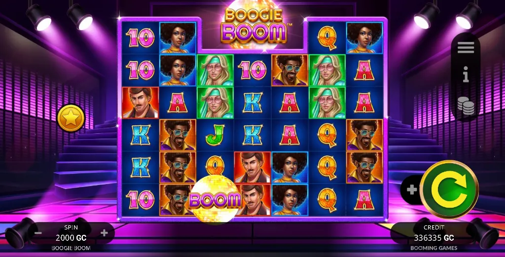Boogie Boom slot uses a neon music club theme with glowing disco lights, stacked character symbols, and animated bonus features.