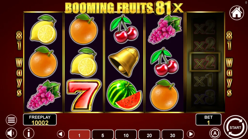 Booming Fruits 81x classic fruit slot with cherries, oranges, grapes, bells, and a multiplier column on the right.