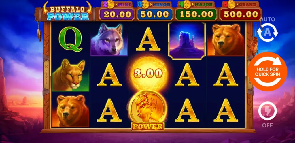 Gameplay screenshot from Buffalo Power Hold and Win featuring wild animal symbols, power coins, and jackpot tiers in a desert-themed slot layout.