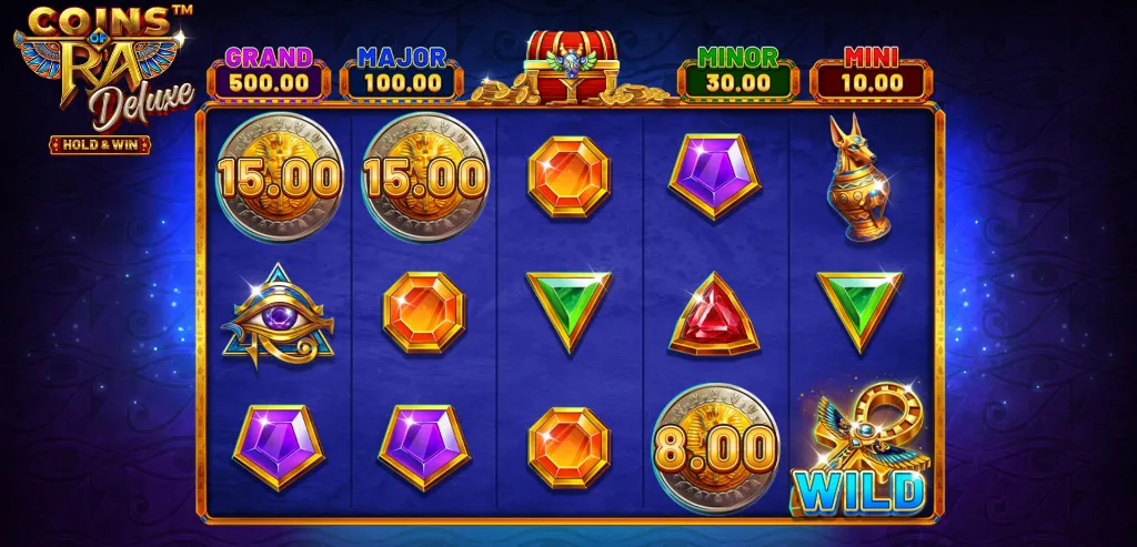 Gameplay screen from the Coins of Ra Deluxe Hold & Win slot featuring Egyptian-themed symbols, wilds, and jackpot tiers.