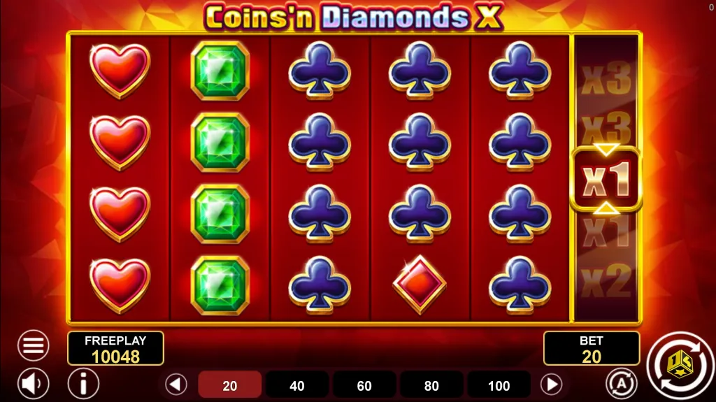 Gameplay from Coins’n Diamonds X showcasing bright red reels with hearts, gems, and club symbols alongside a multiplier meter.